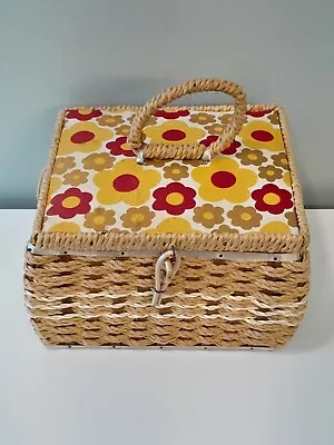 Scovill Dritz Sewing Basket Vtg 60s Flower Power Material Wicker Small 5 X7.5  • $20
