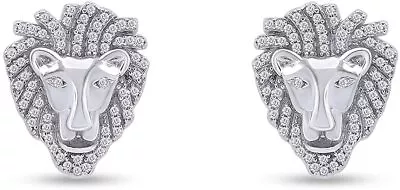 Lion Head Stud Earrings Simulated Diamond For Mens 14K Gold Plated 925 Silver • $67.49