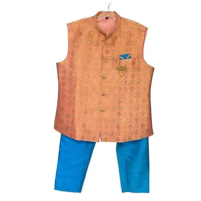 Indian Peach & Gold Floral Nehru Vest Waistcoat And Blue Pants Set Men’s Size 44 • $40