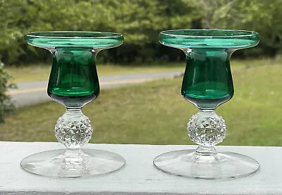 Pair Of 30s Morgantown Glass Jacobi Stiegle Green Candle Stick Holders Golf Ball • $150