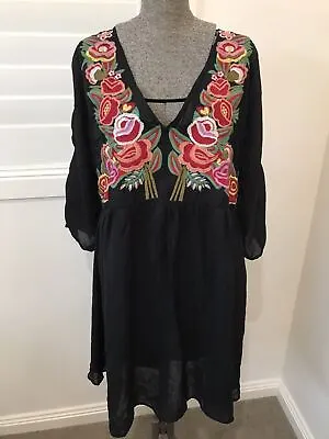 $75 • Buy ASOS Black Semi Sheer Flower Embroidered Mexican Style Dress UK 16 US 12 EU 44