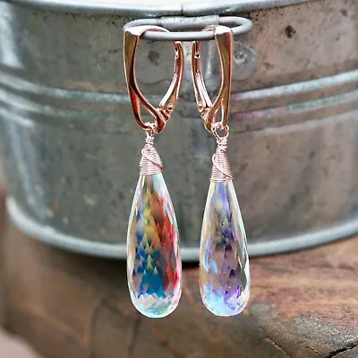 Rainbow Moonstone Briolette Earrings 18k Rose Gold Filled Wire Wrapped • $73.03