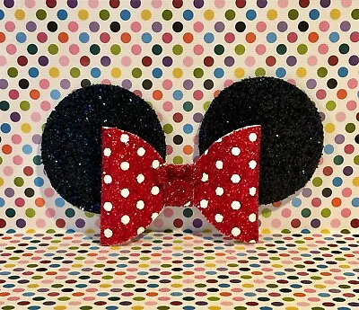 MINNIE MOUSE Large Faux Leather Hair Bow AlligatorClip Black Ears Red Polka Dots • $15.99
