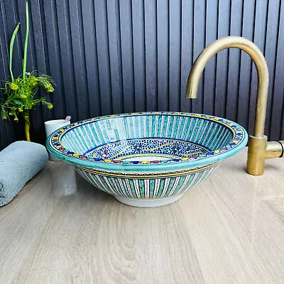 Green Hexagone Star Design Bathroom Vessel Sink Moroccan Hand-painted Sink • $205