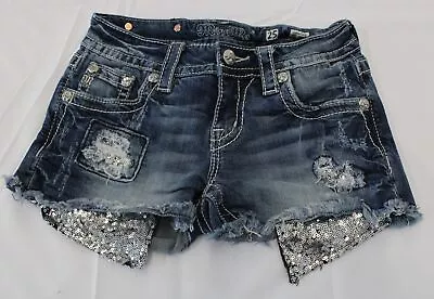 Miss Me Women's Signature Sequin Cut Off Denim Shorts RP9 Medium Blue Size 25 • $89.99