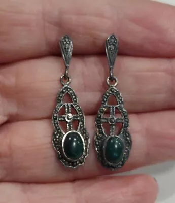 Vintage Sterling Silver Malachite Marcasite Green Stone Pierced Earrings Q79 • $3.25