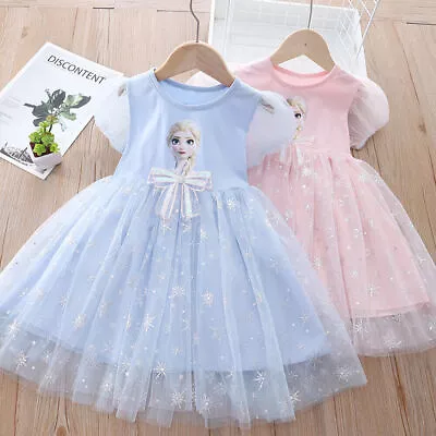 Girls Frozen Elsa Casual Princess Dress Birthday Party Sundress Age 3-7 Years • £9.73