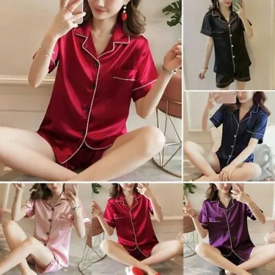 Ladies Satin Silk Pyjamas Nightwear PJs Set Women Short Sleeve Button Sleepwear • £1.39