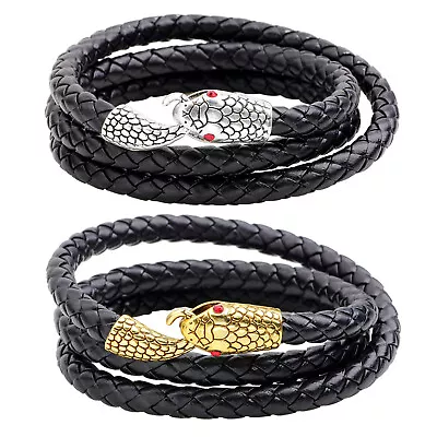 Gothic Men Multilayer Wrap Snake Bangle Bracelet Black Braided Leather Wristband • $11.39