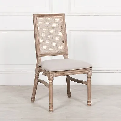 Stackable French Style Bergere Wooden Dining Chair Linen Upholstery Rattan Back • £195