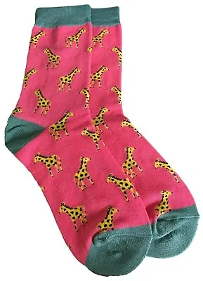 £8.99 • Buy Giraffe Socks Ladies Hot Pink Blue Yellow Giraffes Cute Bamboo Cotton Blend 