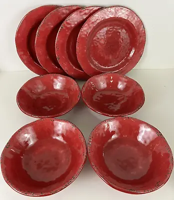 8 Pier 1 CARMELO 4 Red Soup Bowl/4 Salad Plates Melamine Crackled Rustic • £28.71