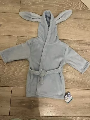 Bnwt Baby Boys Blue Fleece Bath Robe Dressing Gown Bunny Ears Hood 6-12 Months • £8.99