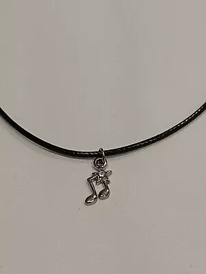 Silver Tone Music Note Star Pendant On Black Cord Necklace   • $6.99