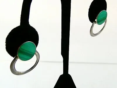 Southwestern Style Sterling Silver Malachite Flat Cab Earrings 925 5.8g 1 1/8 In • $32.70