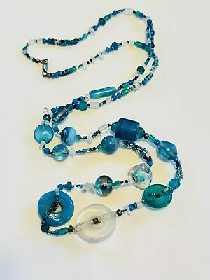 VTG Necklace Venetian Glass Murano Strand Blue End Of Day Foil Long Lariat Rare • $29.75