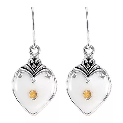 Silver Plated White Enamel Filigree Heart Mustard Seed Dangle Drop Earrings • $12.92