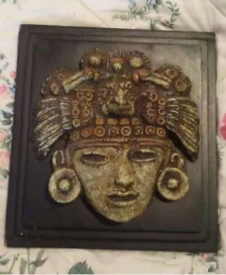 Vintage Mayan Aztec FACE Wall Plaque El Arte Azteca Zarebski Crushed Malachite • $100