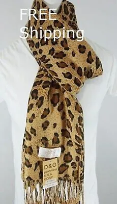 DG PashminaScarf Wrap Brown Coffee Gold*Cheetah Leopard PrintSilk Cashmere • $12.98