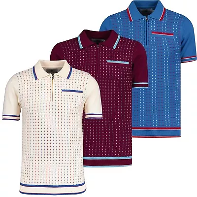 NEW MADCAP MOD 60s 70s JACQUARD KNIT RETRO Zip Neck S/S POLO SHIRT Miles MC1040 • £35.60