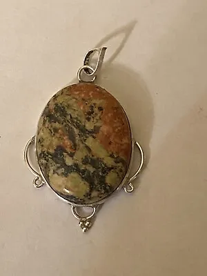 Vintage Silver Mounted Unikite Cabochon Pendant 4cm Length  • £22