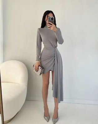 $49 • Buy Zara Nwt Woman Short Gathered Knit Mini Dress Mid-gray 4688/213