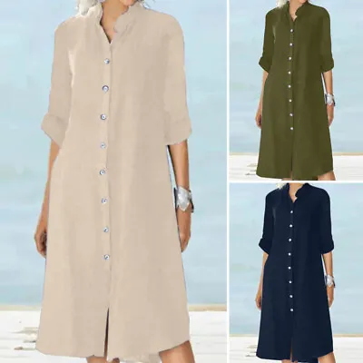 UK Stock Womens Long Sleeve Button Up Cotton Shirt Dress Curved Hem Midi Dresses • £9.35