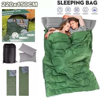 Single / Double Sleeping Bag 4 Seasons Camping Bag W/2 Pillows & Carrying Bag • £13.99