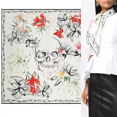 NEW $395 ALEXANDER MCQUEEN White Silk Satin ENDANGERED FLOWER SKULL 35  SCARF • $249