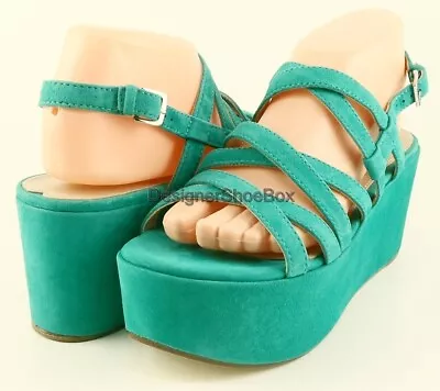 $185 VIA SPIGA ROBIN Turquoise Suede Designer Strappy Platform Wedges 8.5 • $49.49