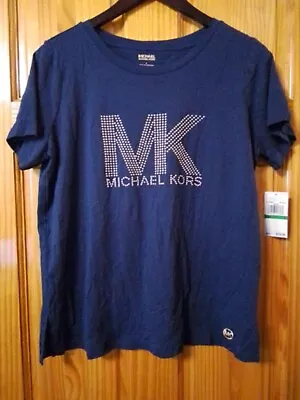 Michael Kors Womans Shirt Large Beaded Gold Navy Blue Short Sleeve NWT See Video • $21.25