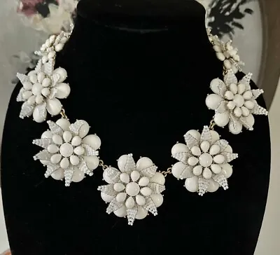 J Crew White Azalea Beaded Floral Flower Statement Collar Gold Necklace • $50.14