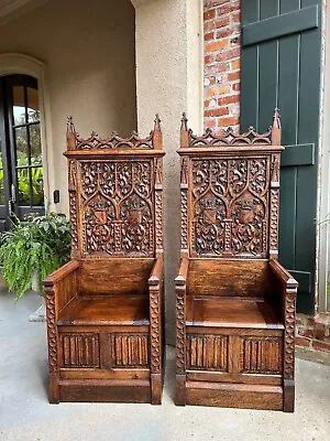 PAIR SET Antique French Hall Bench Gothic Revival Throne Altar Chairs Carved Oak • $7350