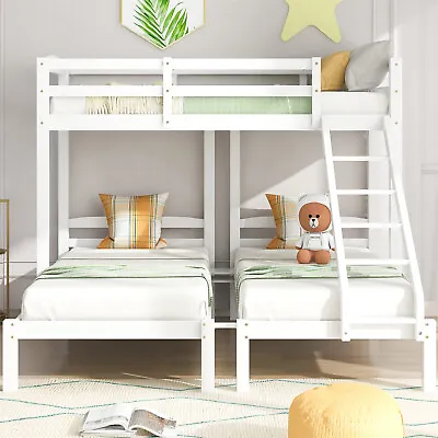 Triple Bunk Beds 3ft Single Bed Wood Kids High Sleeper Children Bed Frame White • £389.99