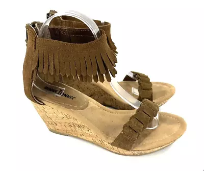Minnetonka Nicki Fringe Wedge Sandals SIzE 8 Brown Leather Ankle Shoes Boho • $35.95