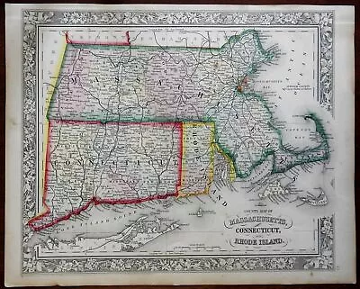 Massachusetts Connecticut Rhode Island New England 1862 Mitchell Map • $55