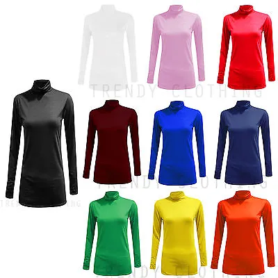 Womens Turtle Neck Polo Neck Long Sleeve Stretch T Shirt Top Jumper • £3.25