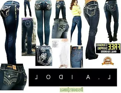 Jack David /La Idol Bootcut Jeans Womens Mid Rise Rhinestones Denim Stretch Lot • $39.99