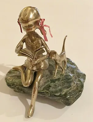 1970's Malcolm Moran Gumps Brass Figurine-Girl Reading Book W/ Cat-C Signature   • $209.99