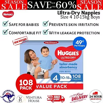 HUGGIES Ultra-Dry Nappies Boys Size 4 (10-15kg) Soft Baby Diapers 108 Pack New • $68.97