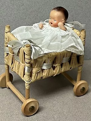 Antique Bisque BABY DOLL In Wood  Reed/Straw CRADLE- All Original-Made In Japan! • $28