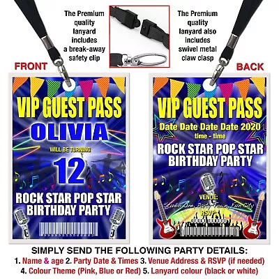 £1.95 • Buy POP ROCK STAR LANYARD VIP Pass, Birthday Party Invitation, Pink, Blue Or Red