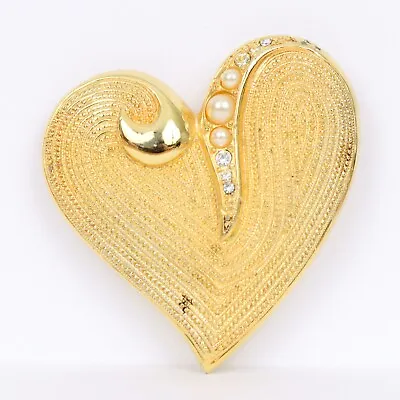 Vintage Signed Venue Textured Gold Tone Heart Rhinestones & Faux Pearls Brooch • $2.25
