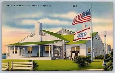 Panama City Florida~USO Building~Military~Bicycle~Recruits Enter~Linen Postcard • $13