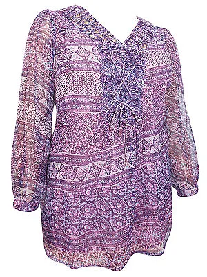 £12.95 • Buy DENIM 24/7 Purple LACE-UP Front Print Blouse Tunic Top Size 12 16 & 28 LAST ONES