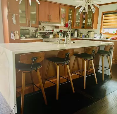 Set Of 4 Mid Century Counter Bar Stools Brown Walnut Modern Kitchen Chairs 25.5  • $589.87