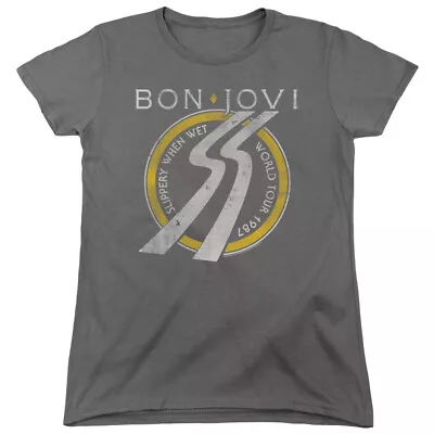 £25.45 • Buy Bon Jovi Slippery When Wet World Tour Womens T Shirt Licensed Rock Charcoal