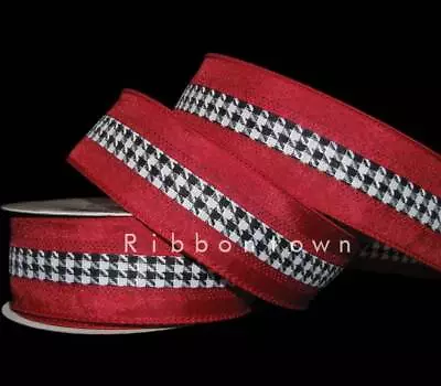 10 Yards Red Black White Houndstooth Alabama Wired Ribbon 1 1/2 W • $9.95