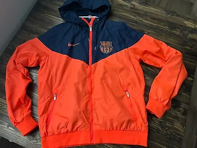 NWT Barcelona FCB Orange Navy Windbreaker Hood Jacket Full Zip Men’s Size Medium • $18.95