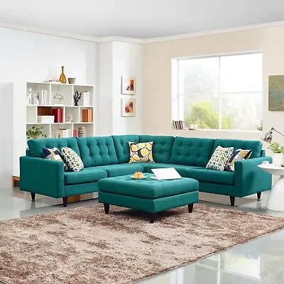 Modway Mid-Century Modern Tufted Fabric Upholstered Sectional Sofa Set In Teal • $1804.12